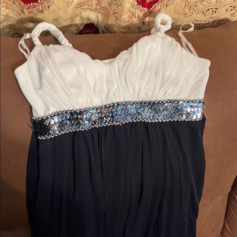 Elegant Navy and White Dress with Sequin Detail